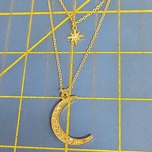 Double Strand Gold Tone Moon & Star Rhinestone Accented Necklace